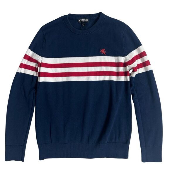 Express Sweater Mens Medium Navy Blue Stripe knit Long Sleeve Crew Neck Pullover - Picture 1 of 12